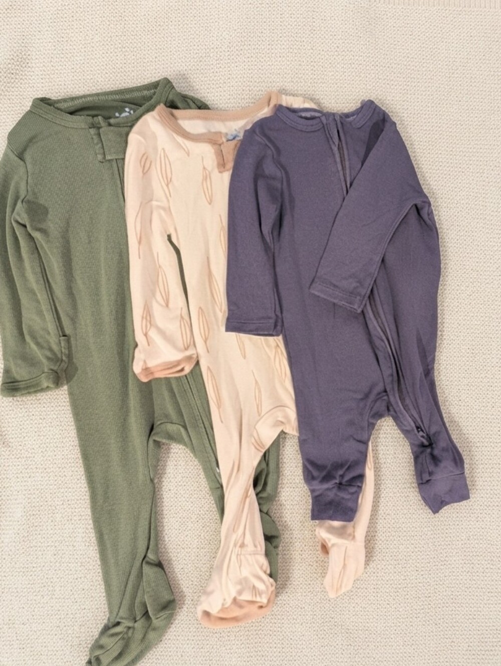 Set of Three Baby Sleepers in Green, Cream, and Blue